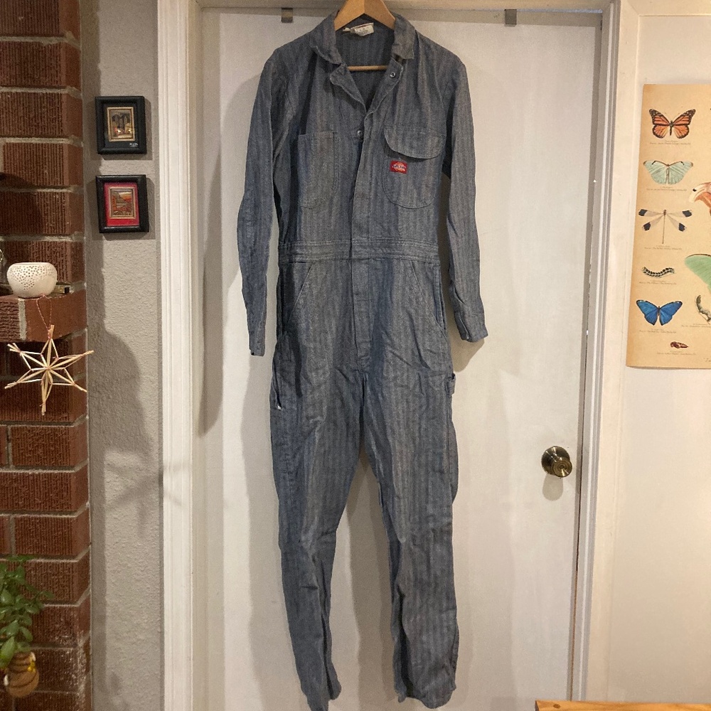 Vintage 90s Workwear Dickies Mens 38 Reg Herringbone Chambray Coveralls Bibs
